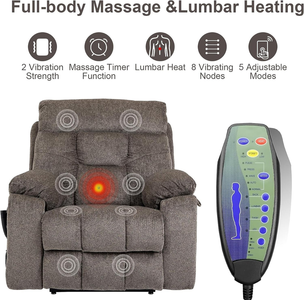 Oversized Lift Recliner Chair for Big and Tall Elderly, 26' Extra Wide Seat Power Lift Recliners with Heat and Massage, Dual Motor Electric Lay Flat Living Room Sofa with Lumbar Pillow
