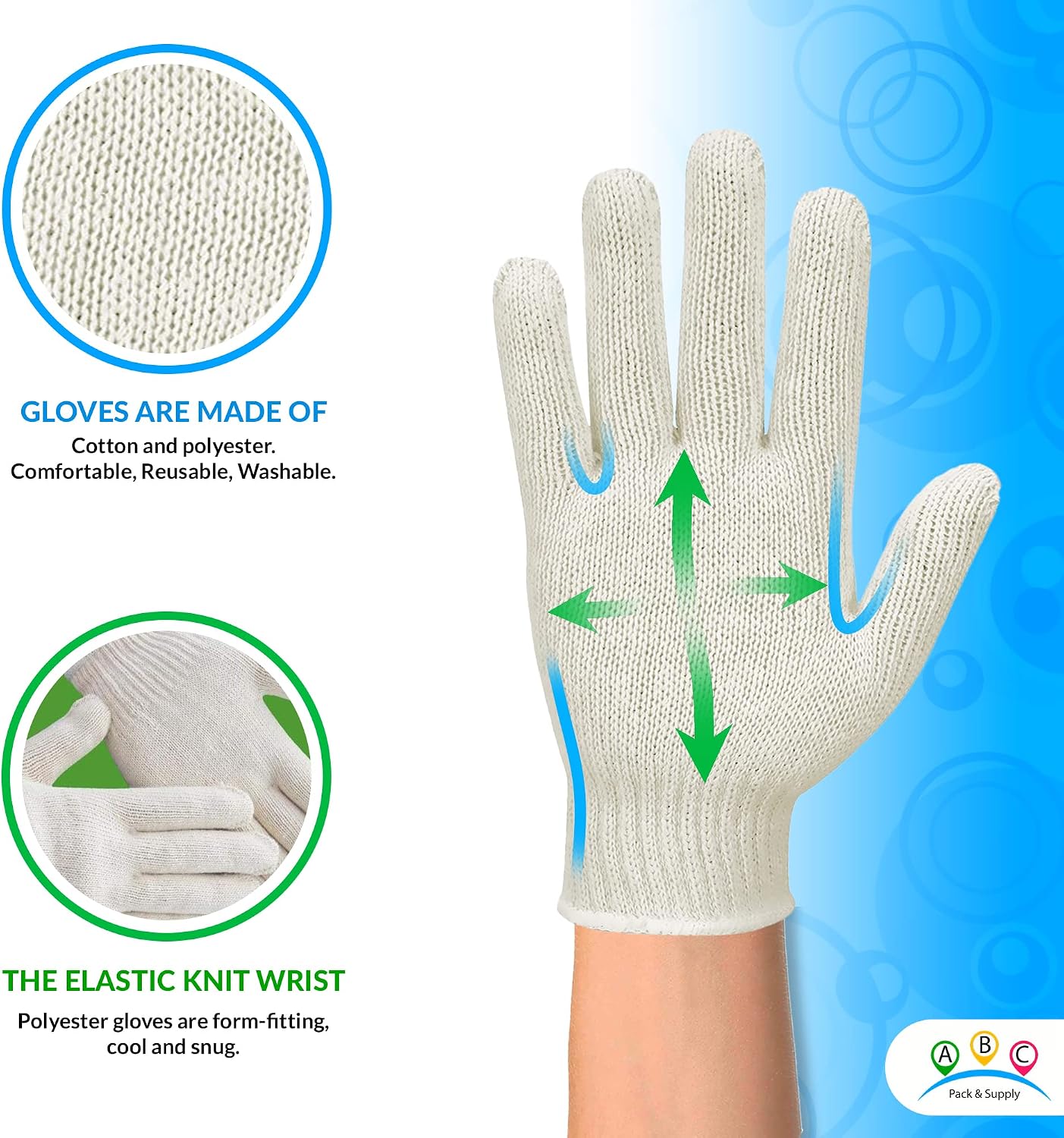 Work Gloves, Natural Cotton Polyester String Knit Gloves, 720 Pack (360 Pairs) Knit Work Glove with Elastic Wrist