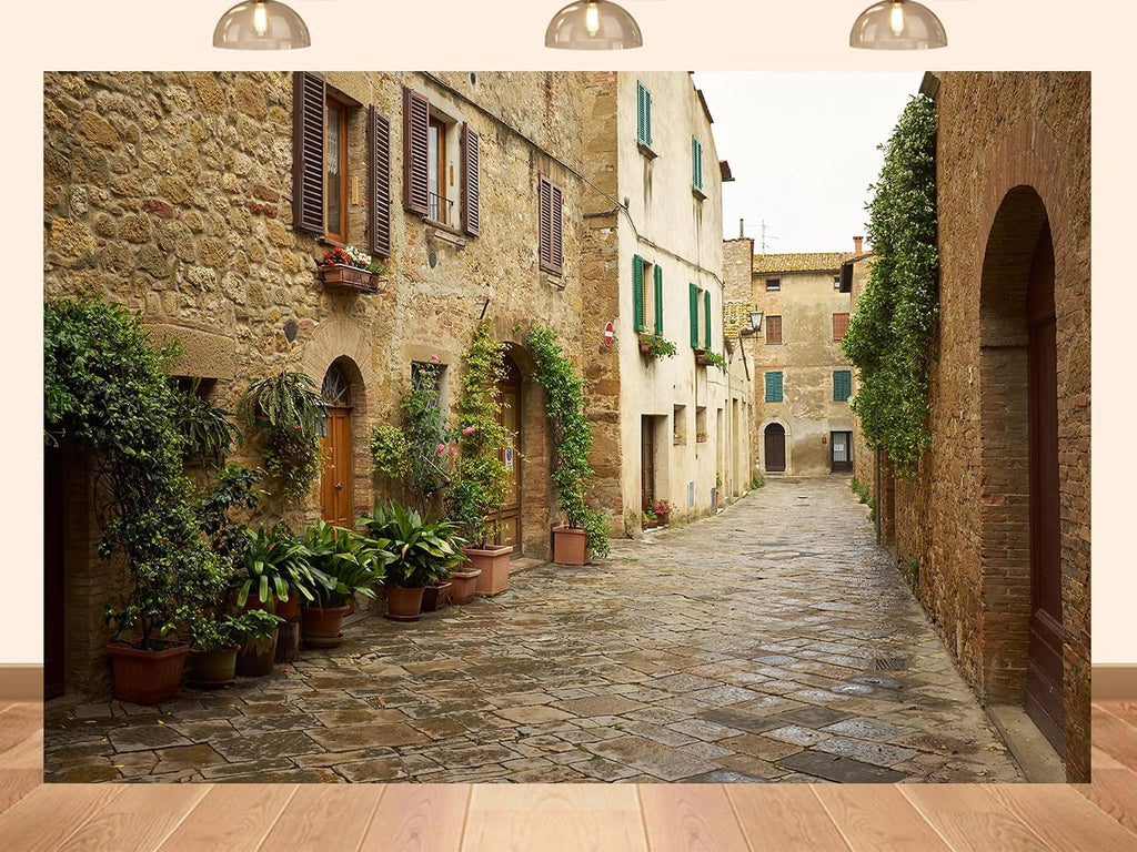 20x10ft Fabric Medieval Tuscan Town Narrow Street with Stone Houses Backdrop Historic Cultural Background for Travel Themed Party Decorations Home Wall Hanging Tapestry Photo Booth Props