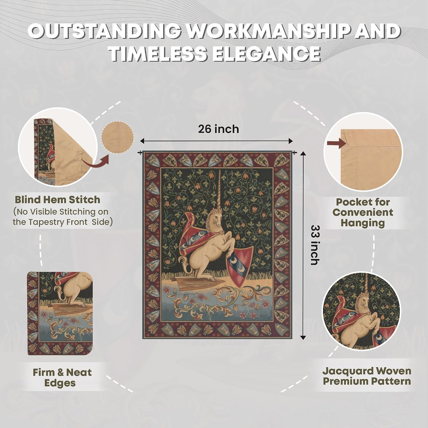 Charlotte Home Furnishings Inc. C Unicorn Medieval Italian Tapestry Wall Hanging 33 X 26 Inch Viscose Cotton And Polyester Blend Wall Art Woven In Italy Perfect For Home Decor And Wall Decor