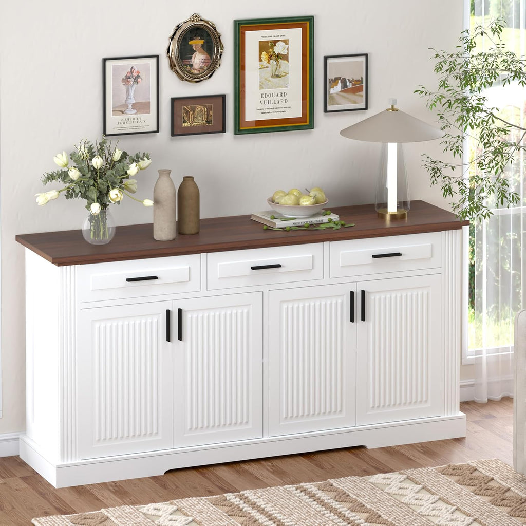 RiteSune Buffet Cabinet with Storage, 63' Modern Farmhouse Coffee Bar Cabinets with 3 Drawers and 4 Doors, Black Sideboard Buffet Cabinet, Wood Buffet Storage Table for Kitchen, Dining Room (White)