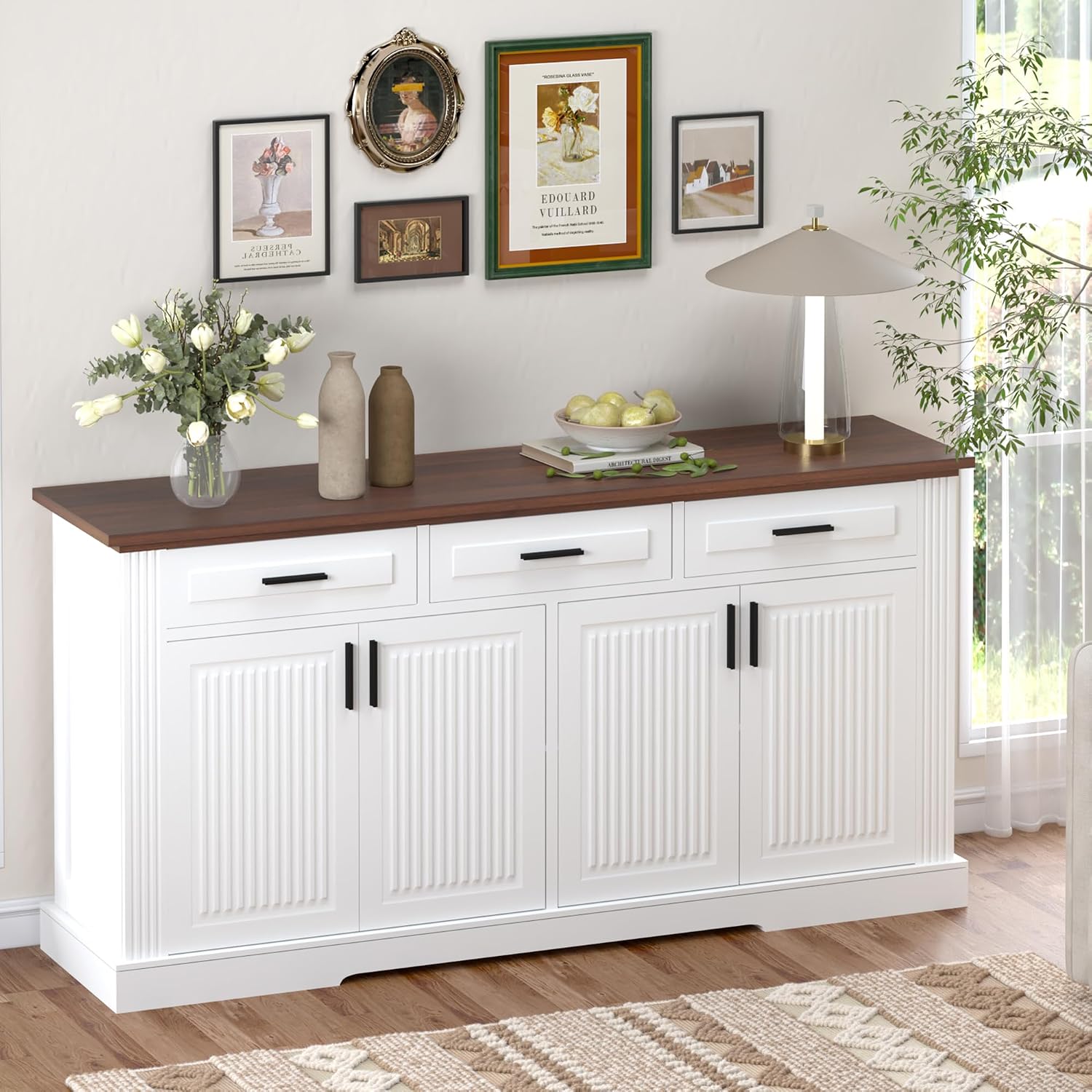 RiteSune Buffet Cabinet with Storage, 63' Modern Farmhouse Coffee Bar Cabinets with 3 Drawers and 4 Doors, Black Sideboard Buffet Cabinet, Wood Buffet Storage Table for Kitchen, Dining Room (White)