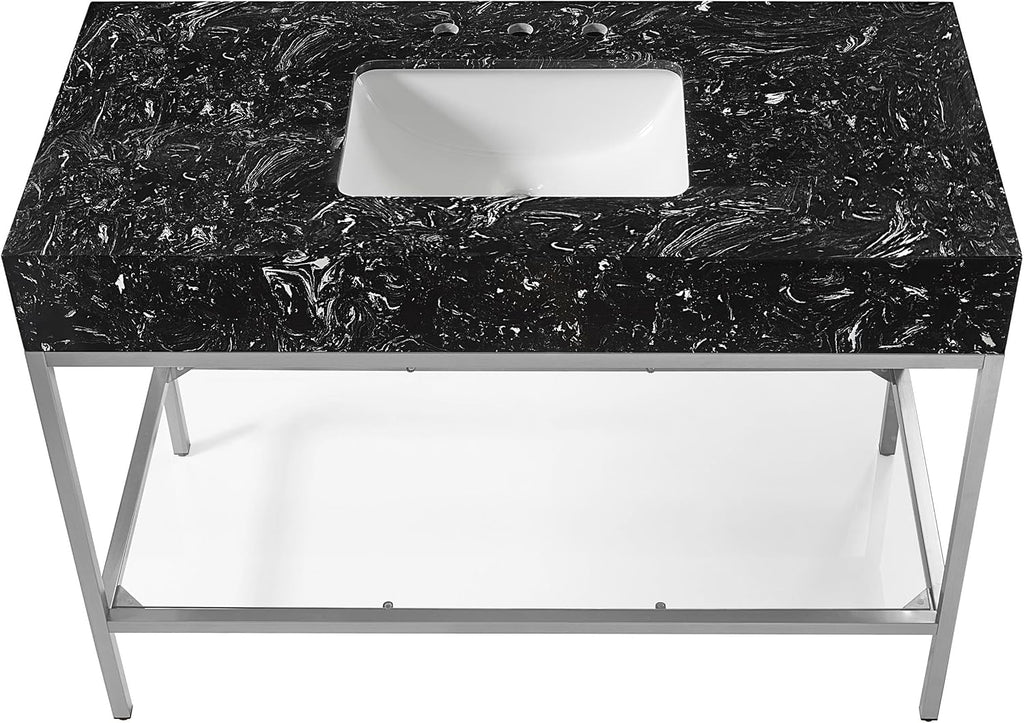 Meridian Furniture 408Black-48 Marmo Collection Modern | Contemporary Bathroom Vanity with Black Engineered Stone with White Veining, Brushed Chrome Stailness Steel Base, 48' W x 23' D x 34' H, Black