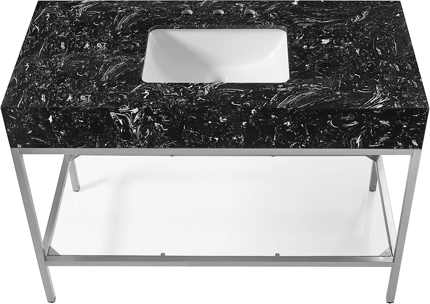 Meridian Furniture 408Black-48 Marmo Collection Modern | Contemporary Bathroom Vanity with Black Engineered Stone with White Veining, Brushed Chrome Stailness Steel Base, 48' W x 23' D x 34' H, Black