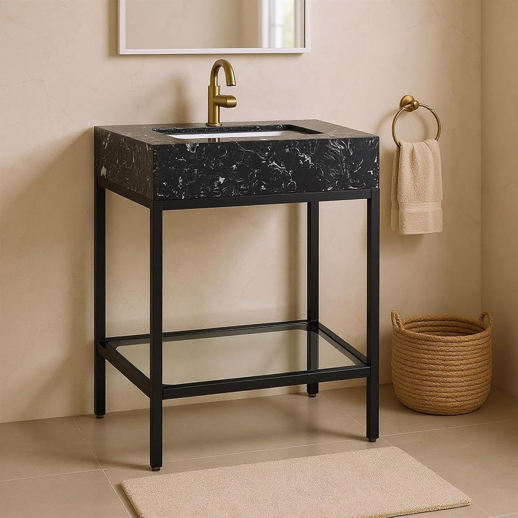 Meridian Furniture 407Black-24 Marmo Collection Modern | Contemporary Bathroom Vanity with Black Engineered Stone with White Veining, Matte Black Metal Base, 24' W x 21' D x 34' H