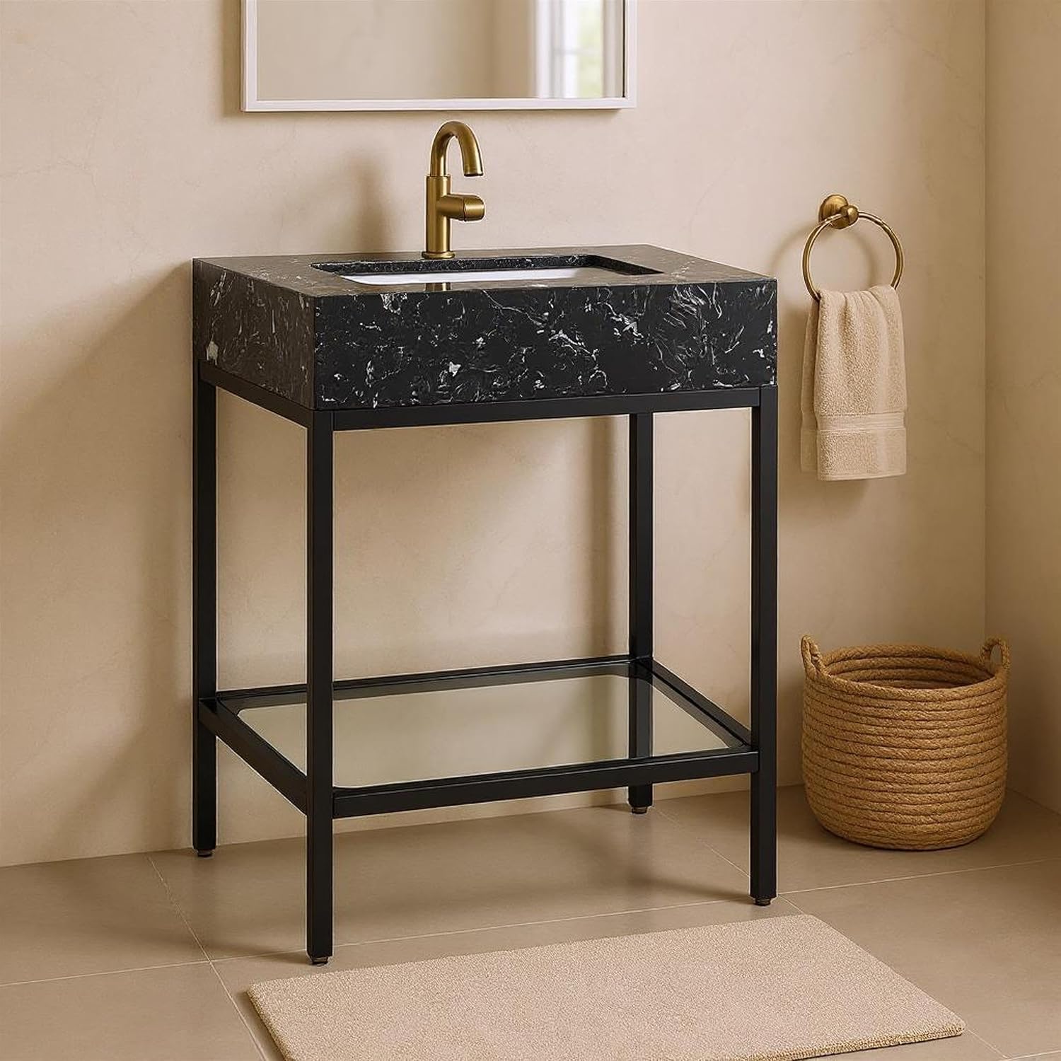 Meridian Furniture 407Black-24 Marmo Collection Modern | Contemporary Bathroom Vanity with Black Engineered Stone with White Veining, Matte Black Metal Base, 24' W x 21' D x 34' H
