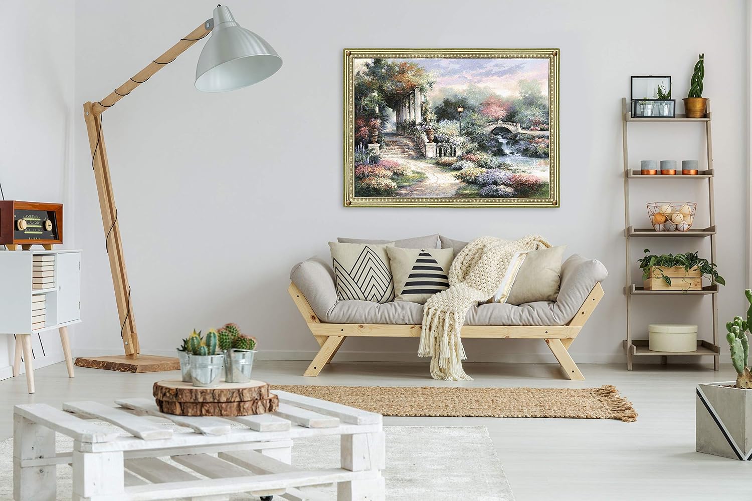 Classic Garden Retreat by James Lee | Woven Tapestry Wall Art Hanging | Scenic Flower Garden on Shimmering River Landscape | 100% Cotton USA Size 53x42