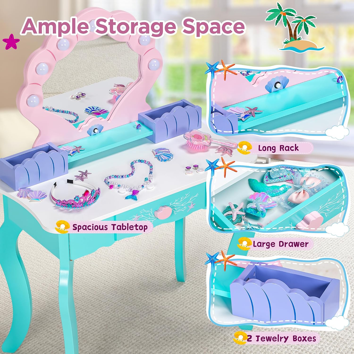 Vanity Set with Lights & Mirror, 2 in 1 Wooden Princess Dressing Table with Stool, Ocean Theme Makeup Table and Chair Set, Little Girls Pretend Play Set, Kids Vanity for Birthday