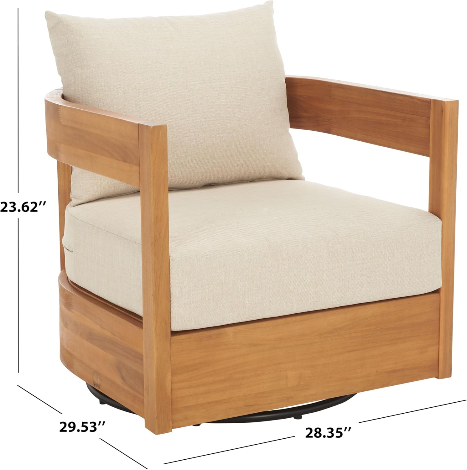 SAFAVIEH Outdoor - Kento Swivel Lounge Chair - Natural & Taupe - Solid Wood with Cushion - Modern Round Design - Ideal for Patio, Deck, Porch, Backyard, 27.5' W x 33' D x 29.1' H (PAT7099A)