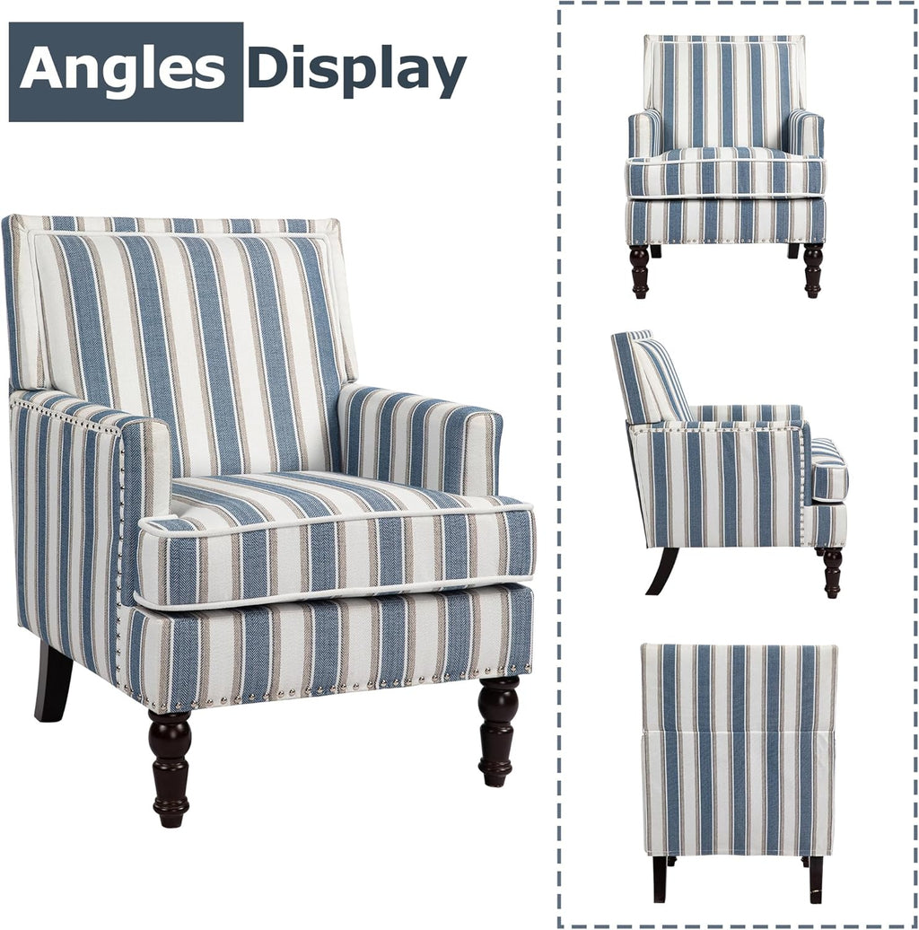 Accent Chair, Comfy Cozy Modern Mid-Century Accent Chairs, Linen Upholstered Lounge Arm Chair with Solid Wood Reading Side Padded Single for Living Room/Office/Balcony/Bedroom-Blue Stripe