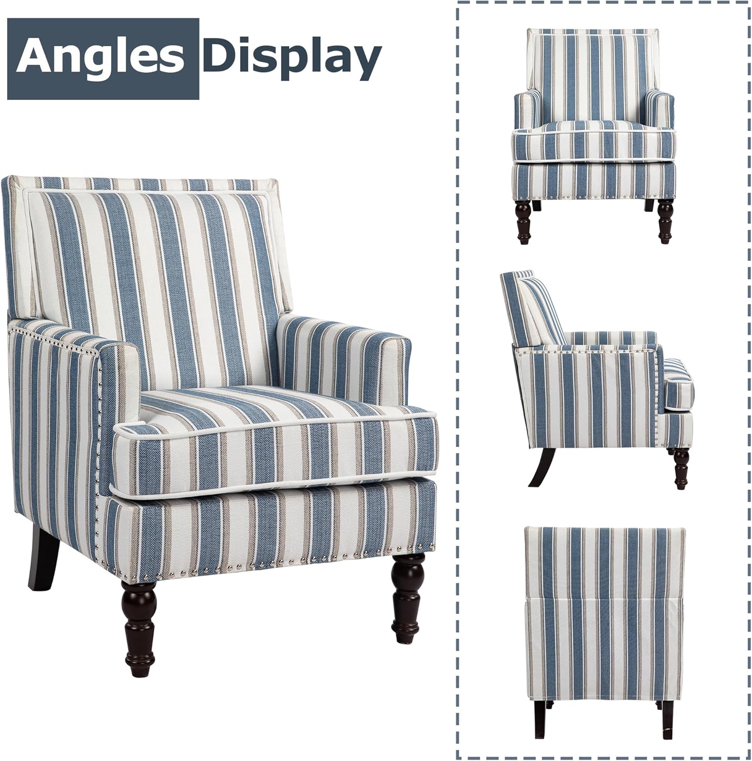 Accent Chair, Comfy Cozy Modern Mid-Century Accent Chairs, Linen Upholstered Lounge Arm Chair with Solid Wood Reading Side Padded Single for Living Room/Office/Balcony/Bedroom-Blue Stripe