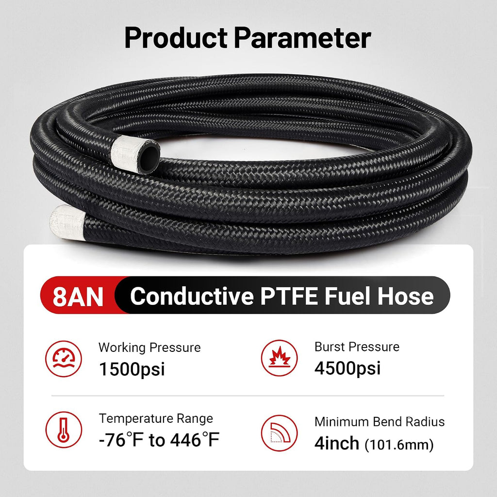 EVIL ENERGY Conductive 8AN PTFE Fuel Line Kit,Antistatic E85 Nylon Braided PTFE Fuel Hose 20FT AN8 Fuel Line Hose kit Black