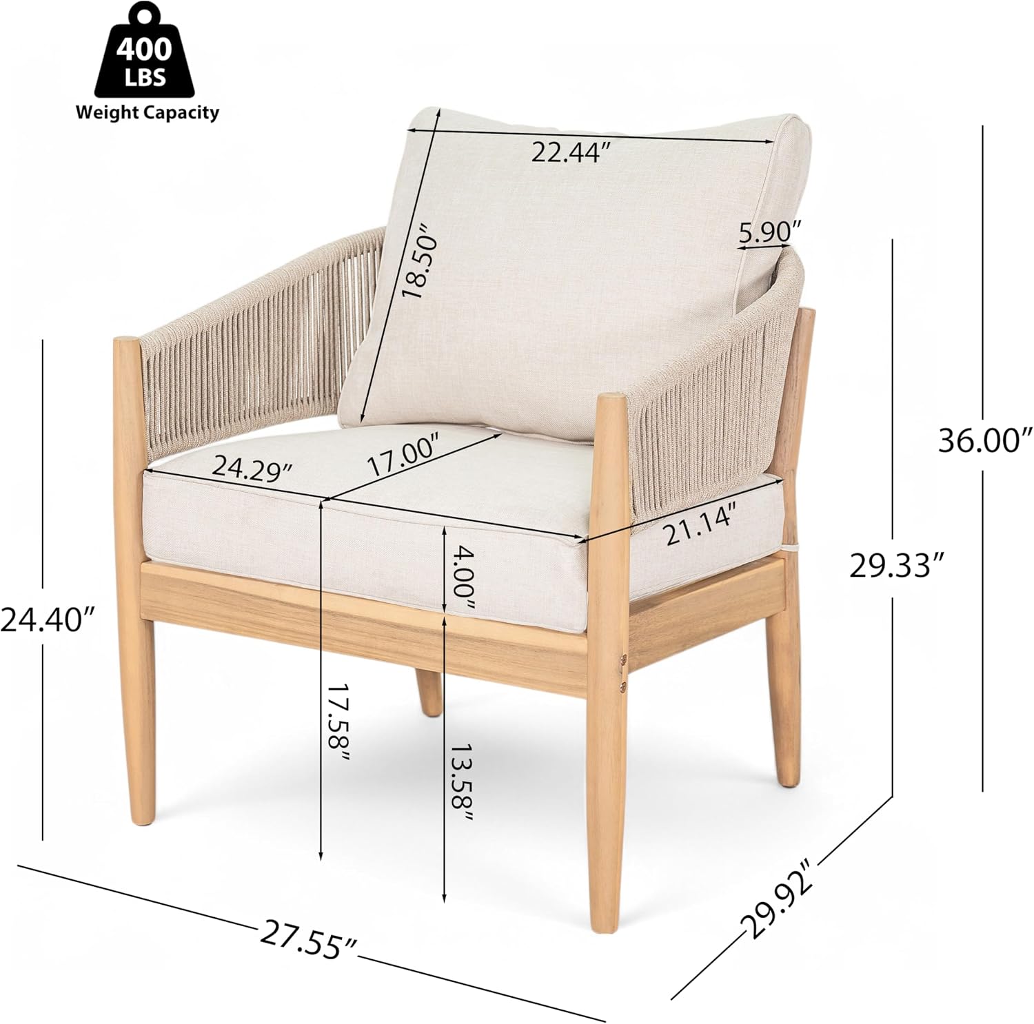 Christopher Knight Home Naomi Set of 2 Patio Acacia Wood Club Chair with Cushion, Handwoven Rope Lounge Chair Outdoor for Porch/Backyard, Stylish Garden Seating with Curved Backrest, Beige+Light Brown