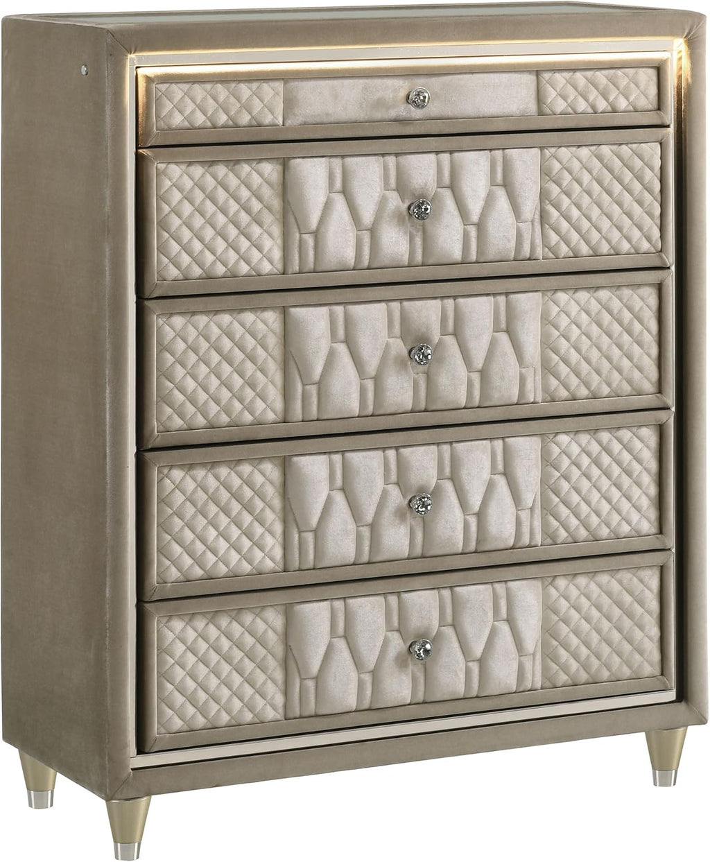 Coaster Home Furnishings - Lorient - Wood and Velvet - 5-Drawer Chest with Built-in LED Lighting, Crystal Knobs and English Dovetail Joinery - Bedroom - Ivory and Camel - 222665