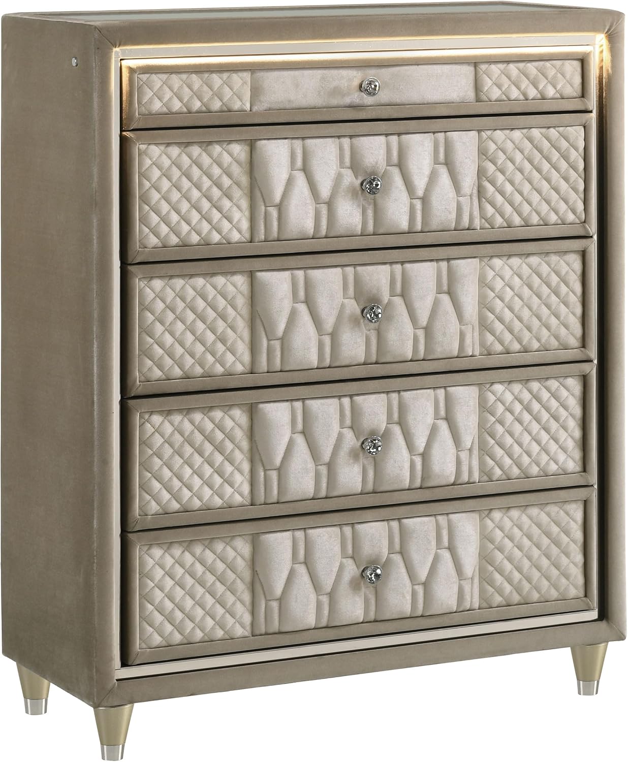 Coaster Home Furnishings - Lorient - Wood and Velvet - 5-Drawer Chest with Built-in LED Lighting, Crystal Knobs and English Dovetail Joinery - Bedroom - Ivory and Camel - 222665
