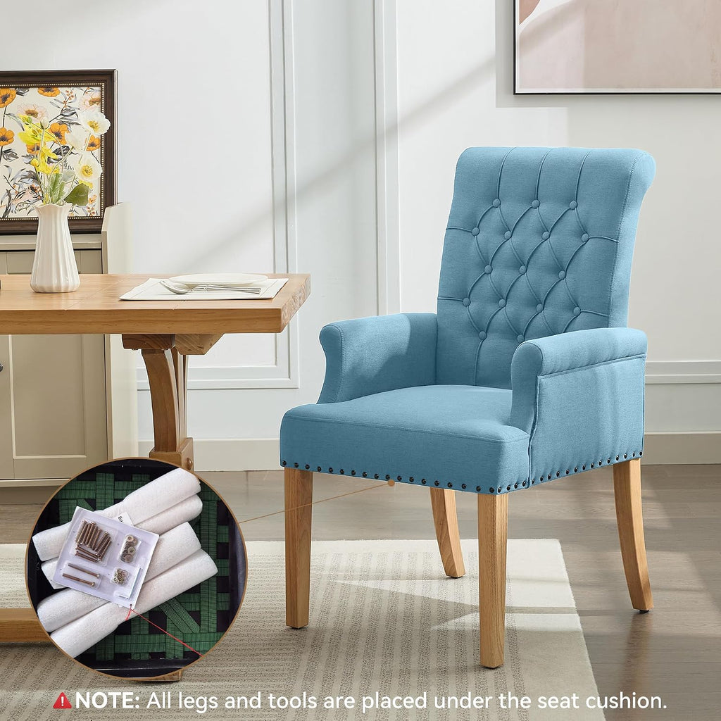 WUTUTUEE Fabric Dining Chair with Arms, Upholstered Tufted High Back Dining Room Chairs, Accent Armchair with Solid Wood Leg and Nailhead Trim, Kitchen Dining Living Room, Blue