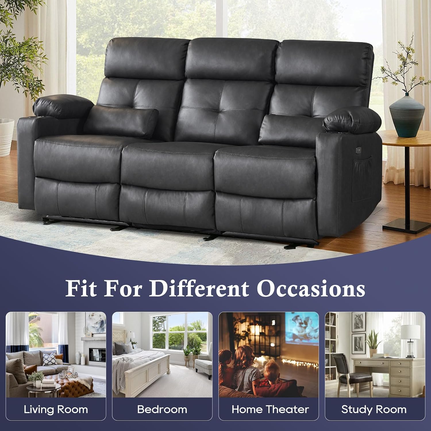 Power Reclining Sofa with Heat and Massage, Electtric Reclining Couch with Extended Footrest, Recliner Sofa 3 Seater with USB Ports, Cup Holders for Living Room, Home Seating