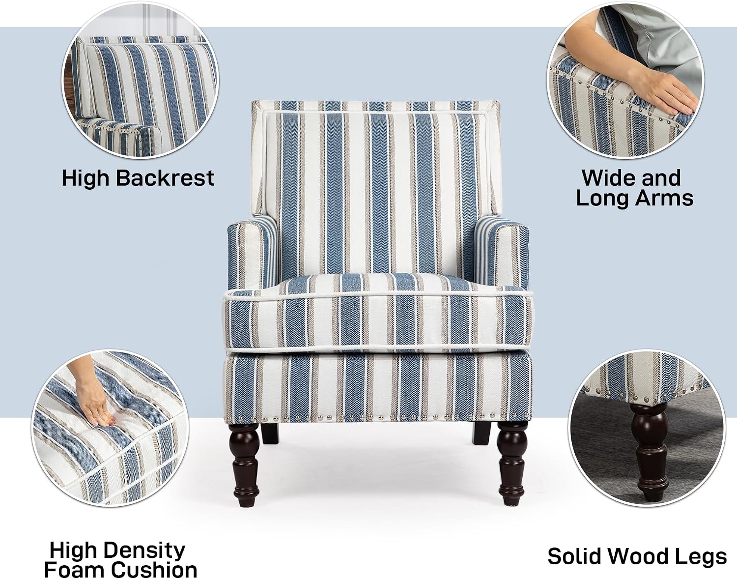 Accent Chair, Comfy Cozy Modern Mid-Century Accent Chairs, Linen Upholstered Lounge Arm Chair with Solid Wood Reading Side Padded Single for Living Room/Office/Balcony/Bedroom-Blue Stripe
