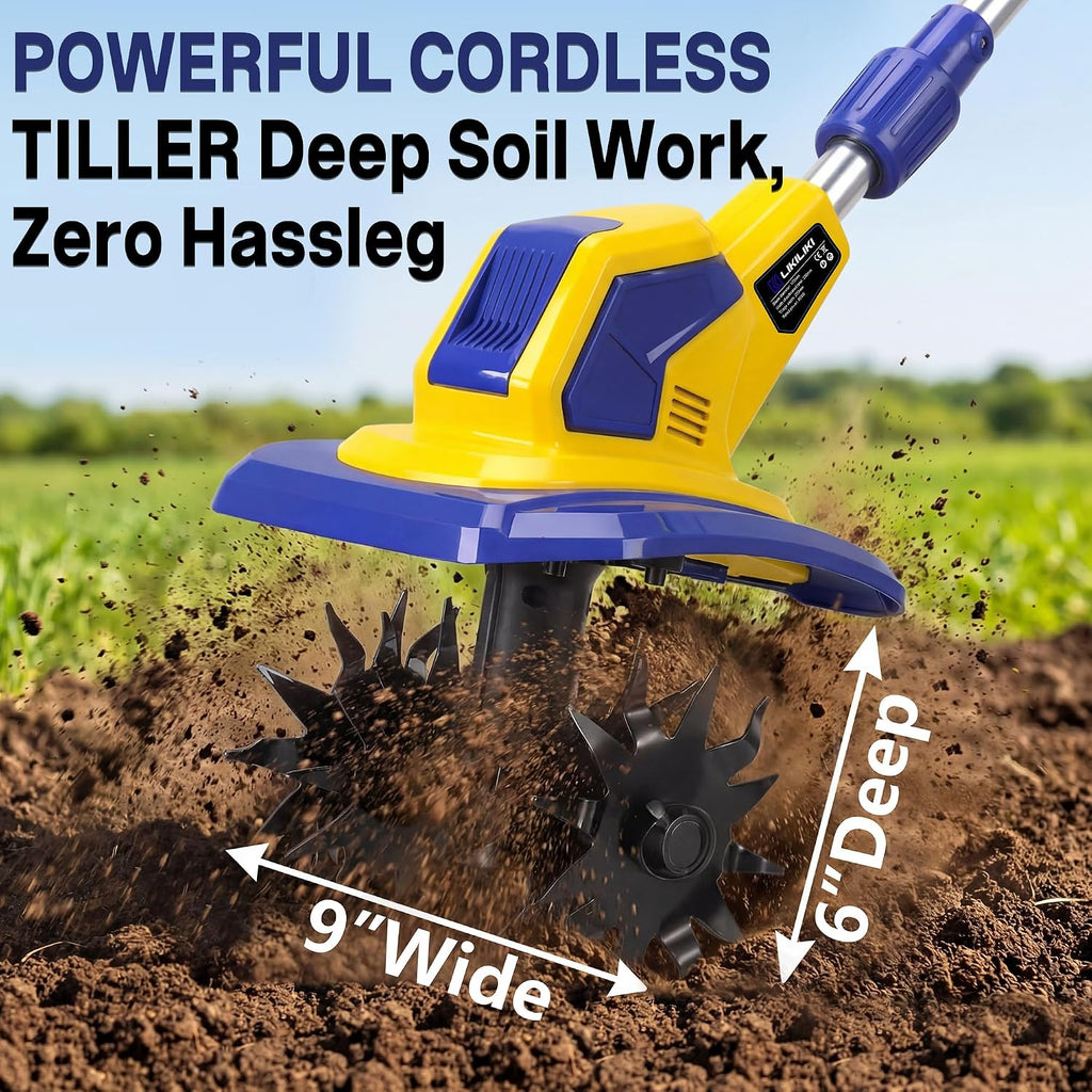 21V Cordless Tiller Cultivator, 720RPM Electric Garden Tiller, with 2 * 6.0Ah Batteries & Charger, 1 * Soil Tilling Blade and 1 * Weed Removal Blade for Lawn/Gardening/Soil Cultivation (Yellow)