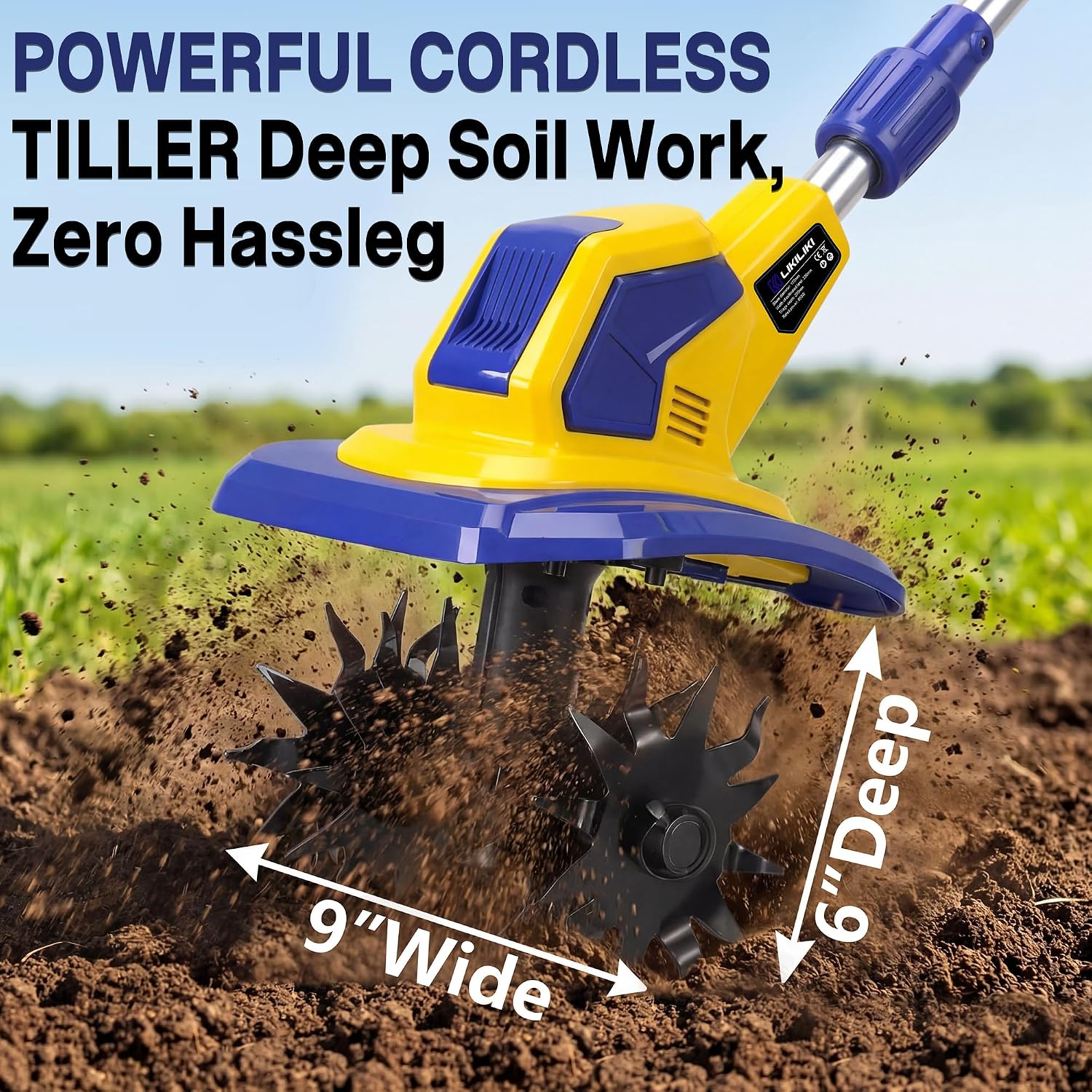 21V Cordless Tiller Cultivator, 720RPM Electric Garden Tiller, with 2 * 6.0Ah Batteries & Charger, 1 * Soil Tilling Blade and 1 * Weed Removal Blade for Lawn/Gardening/Soil Cultivation (Yellow)