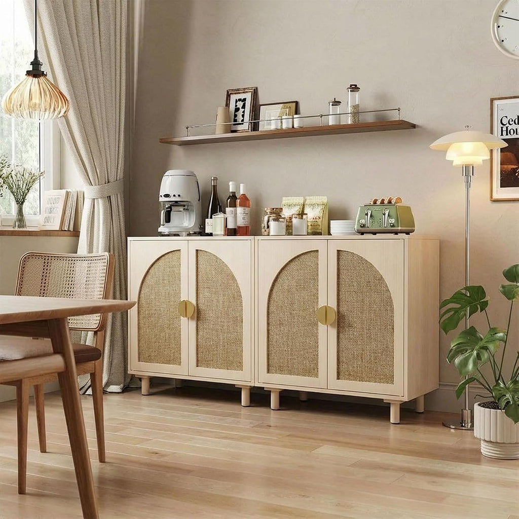 Rattan Cabinet, Sideboard with Magnetic Door Latch & Adjustable Shelf, Beige Boho Buffet for Living Room Entryway, 29.8' W x 15.7' D x 31.5' H (2Pc)