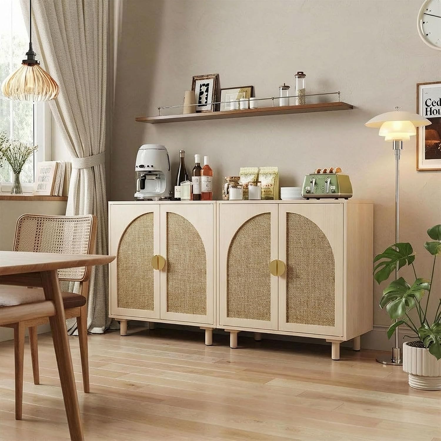 Rattan Cabinet, Sideboard with Magnetic Door Latch & Adjustable Shelf, Beige Boho Buffet for Living Room Entryway, 29.8' W x 15.7' D x 31.5' H (2Pc)