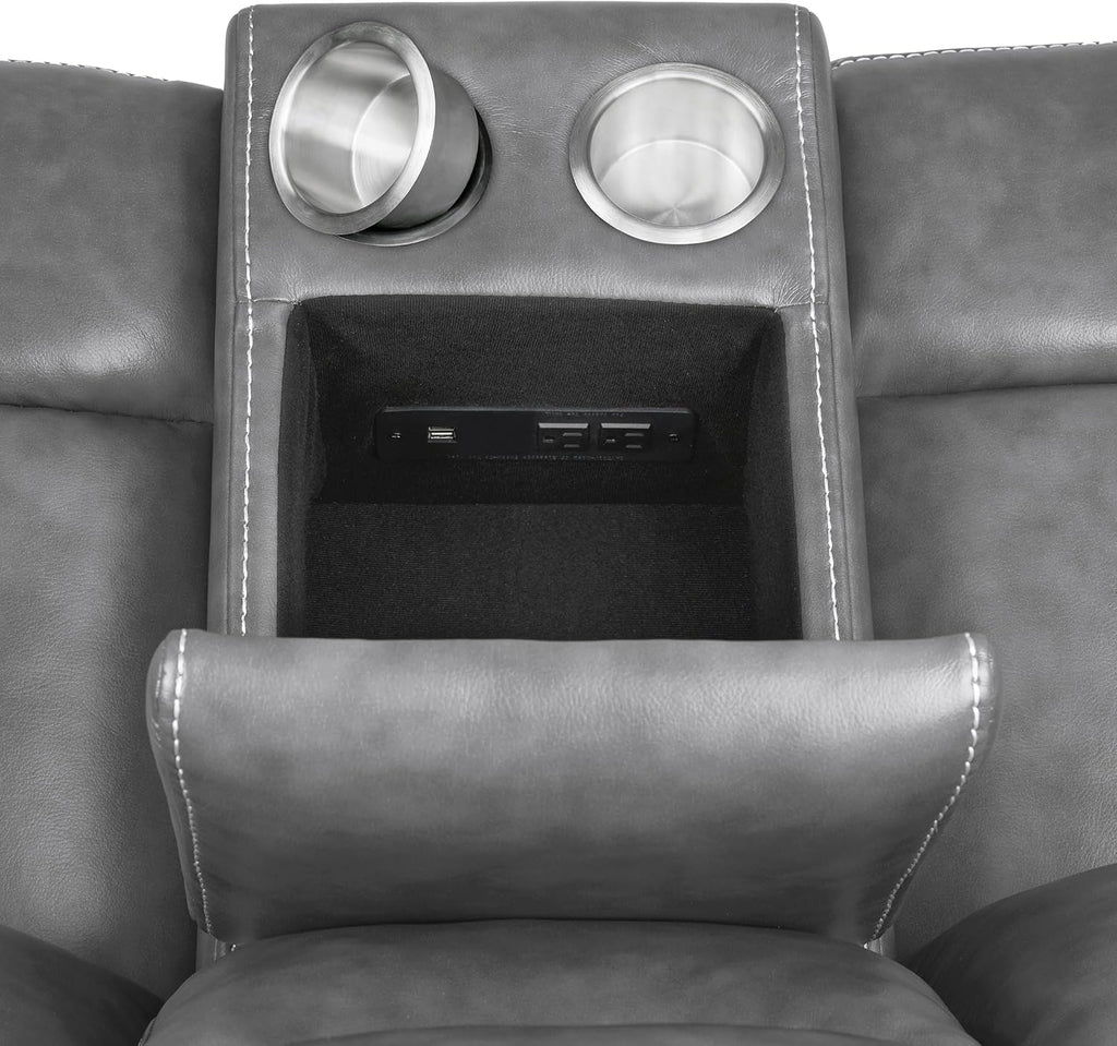 Coaster Home Furnishings - Conrad - Faux Leather Upholstered Padded Arm Glider Loveseat with Cup Holders, USB Port, Storage Drawer, and Power Outlet - Living Room & Home Theater - Gray - 650355