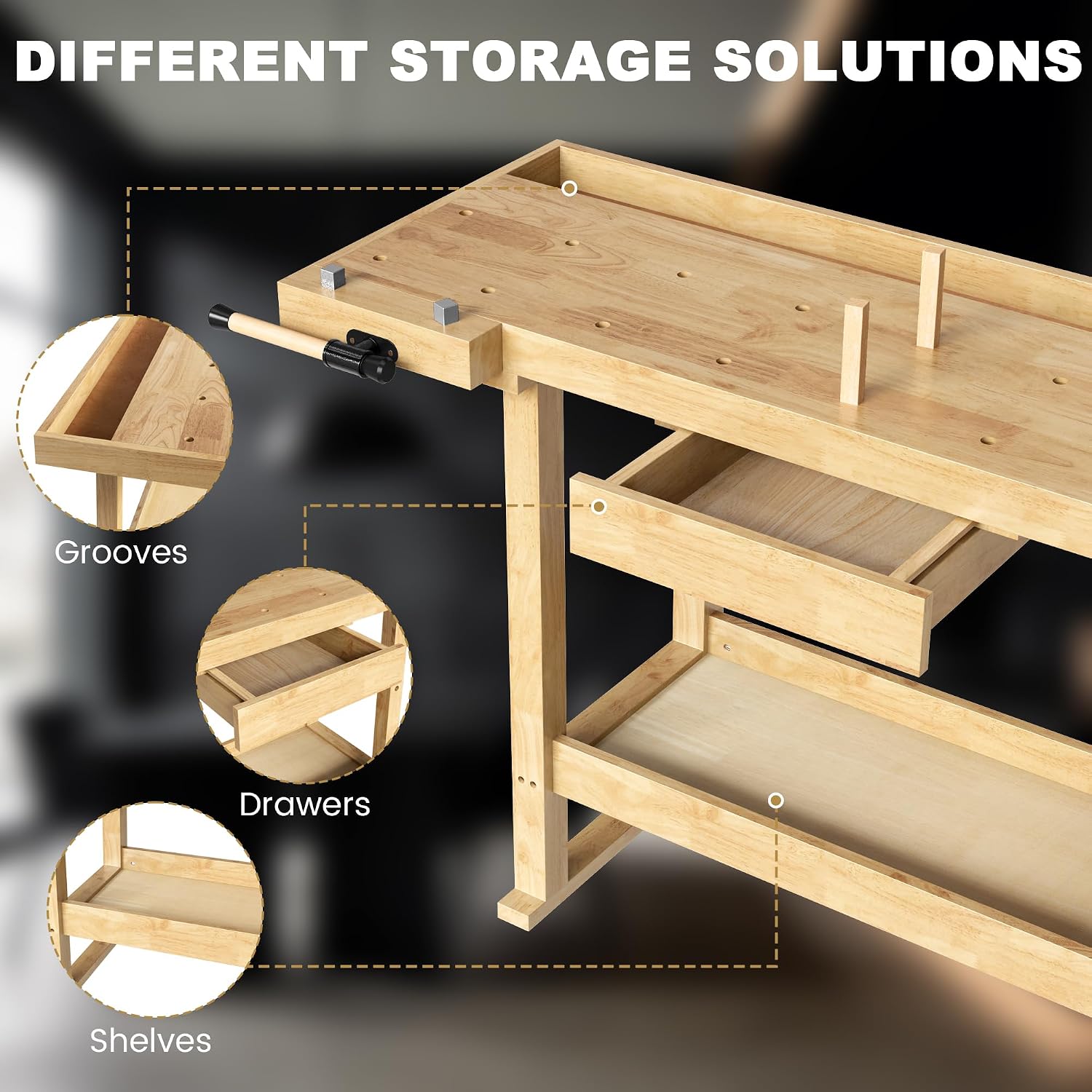 100% Solid Rubber Wood Work Bench, 60' Heavy Duty Workbench with Drawer & Adjustable Handle, 350Lbs Load Capacity Woodworking Bench for Garage, Workshop, Home Storage