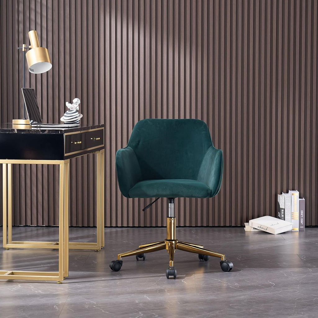 6955624348851 Modern Velvet, Height Adjustable, 360° Swivel Office Chair, Upholstered Cosmetic Dresser Armchair with Metal Feet and Backrest, Bedroom Furniture Dark Green