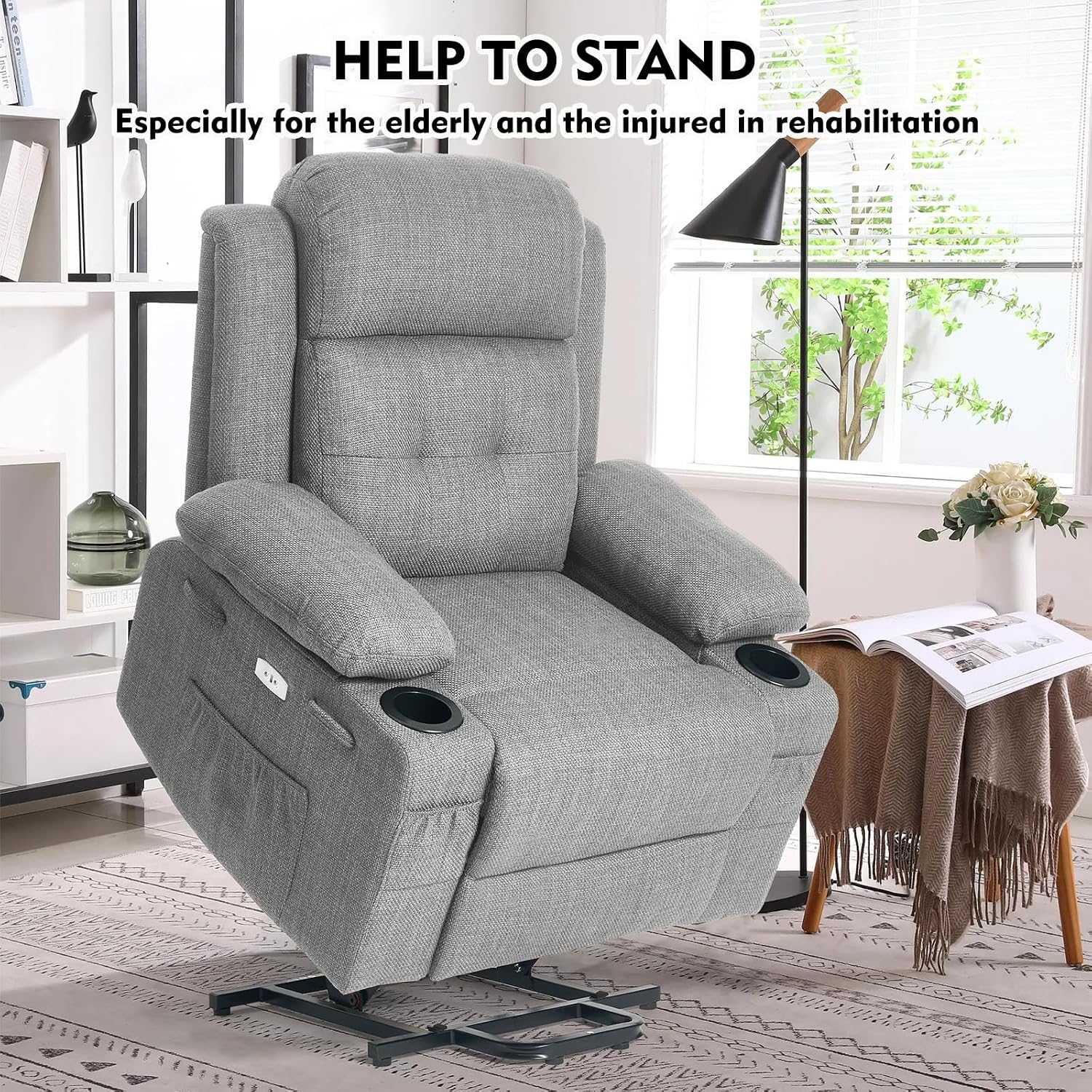Polar Aurora Power Lift Chair for Elderly,Electric Recliner Chair with Heating and Vibrating Massage,Living Room Chair with Adjustable Back,Thickened armrest,USB Ports,2 Cup Holders,Gray