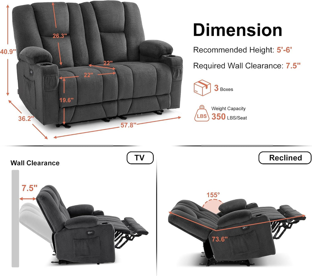 MCombo Zero Gravity Loveseat Power Reclining Sofa with Console, Heat and Vibration Massage, Recliner Couch for Living Room, Fabric 6035SET (Grey, Loveseat)