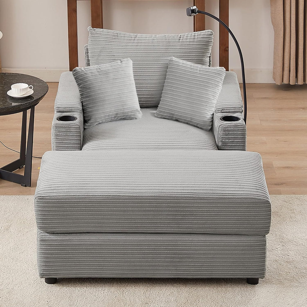 Merax Modern 41.7' Chaise Lounge with Pillows, Charge Station & Cup Holders,Upholstered Sofa Recliner Chair with Ottoman for Living Room Bedroom Gray