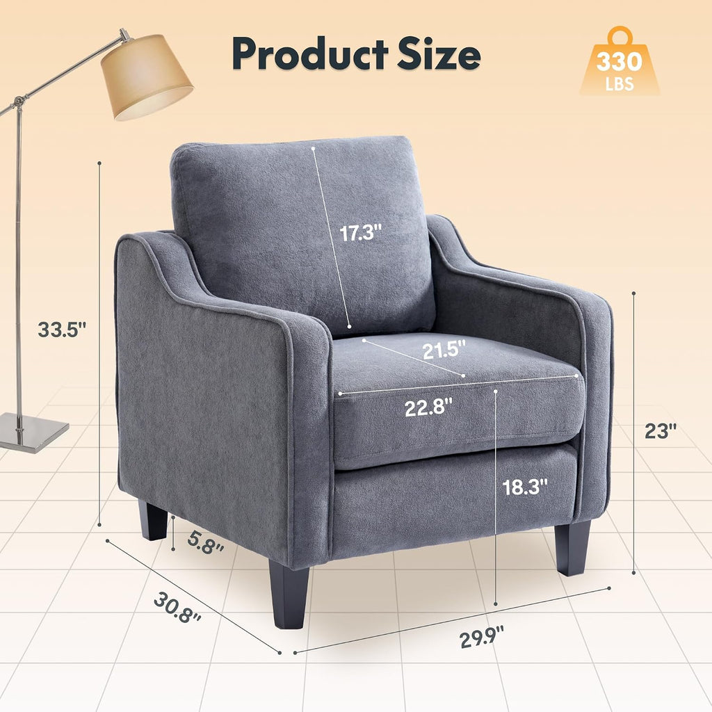 FLEXISPOT AC2 Accent Chair for Living Room, Mid Century Modern Reading Chair for Bedroom, Upholstered Armchair Comfy Single Sofa Side Chair for Office, Apartment, Small Room, Grey