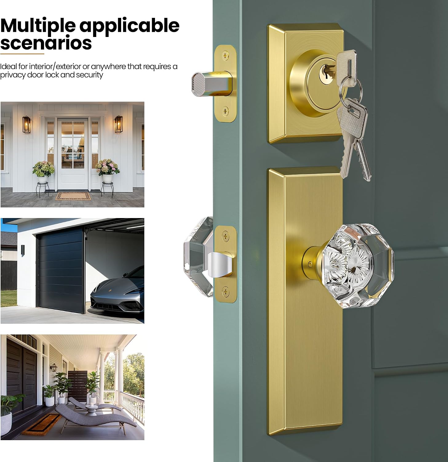 Glass Door Knobs with Single Cylinder Deadbolt Lock Set - Brushed Gold Crystal Passage Knob for Interior/Exterior Doors - Vintage Diamond Bedroom Bathroom Closet Handles