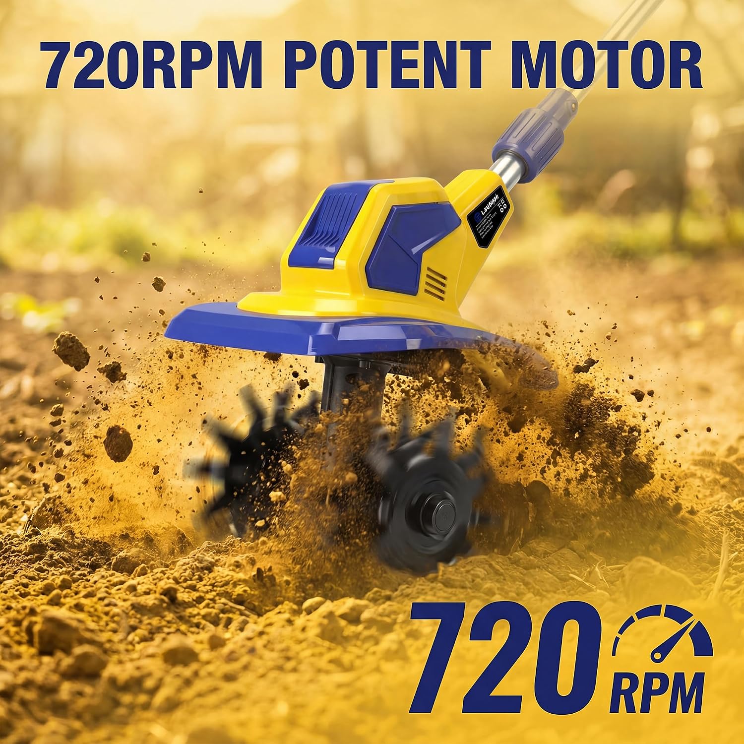 21V Cordless Tiller Cultivator, 720RPM Electric Garden Tiller, with 2 * 6.0Ah Batteries & Charger, 1 * Soil Tilling Blade and 1 * Weed Removal Blade for Lawn/Gardening/Soil Cultivation (Yellow)