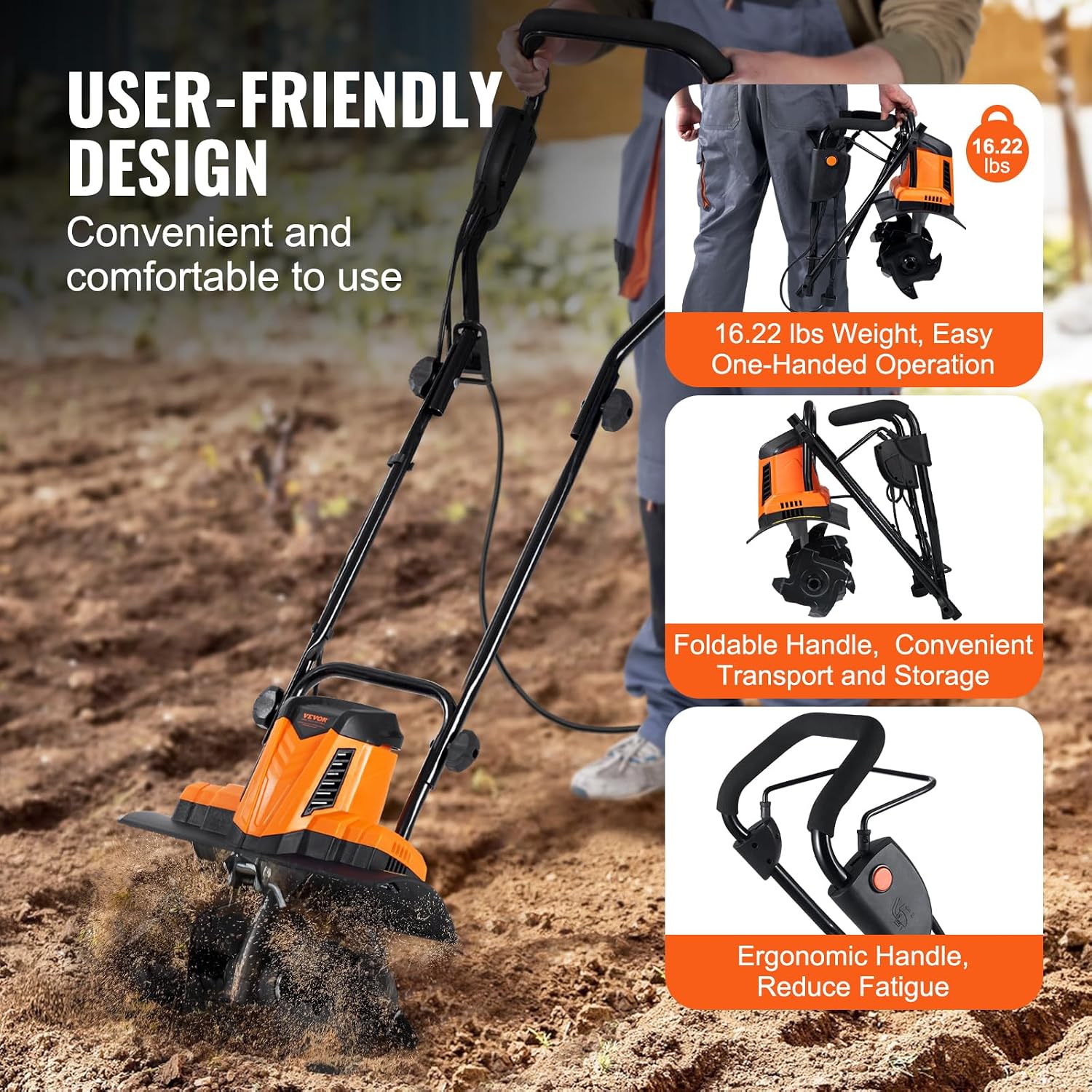 VEVOR 10 Amp Electric Tiller, 14' Tilling Width 3.94' Tilling Depth Corded Electric Tiller/Cultivator, Steel Mn Tines, Rototiller for Garden Lawn Soil Digging