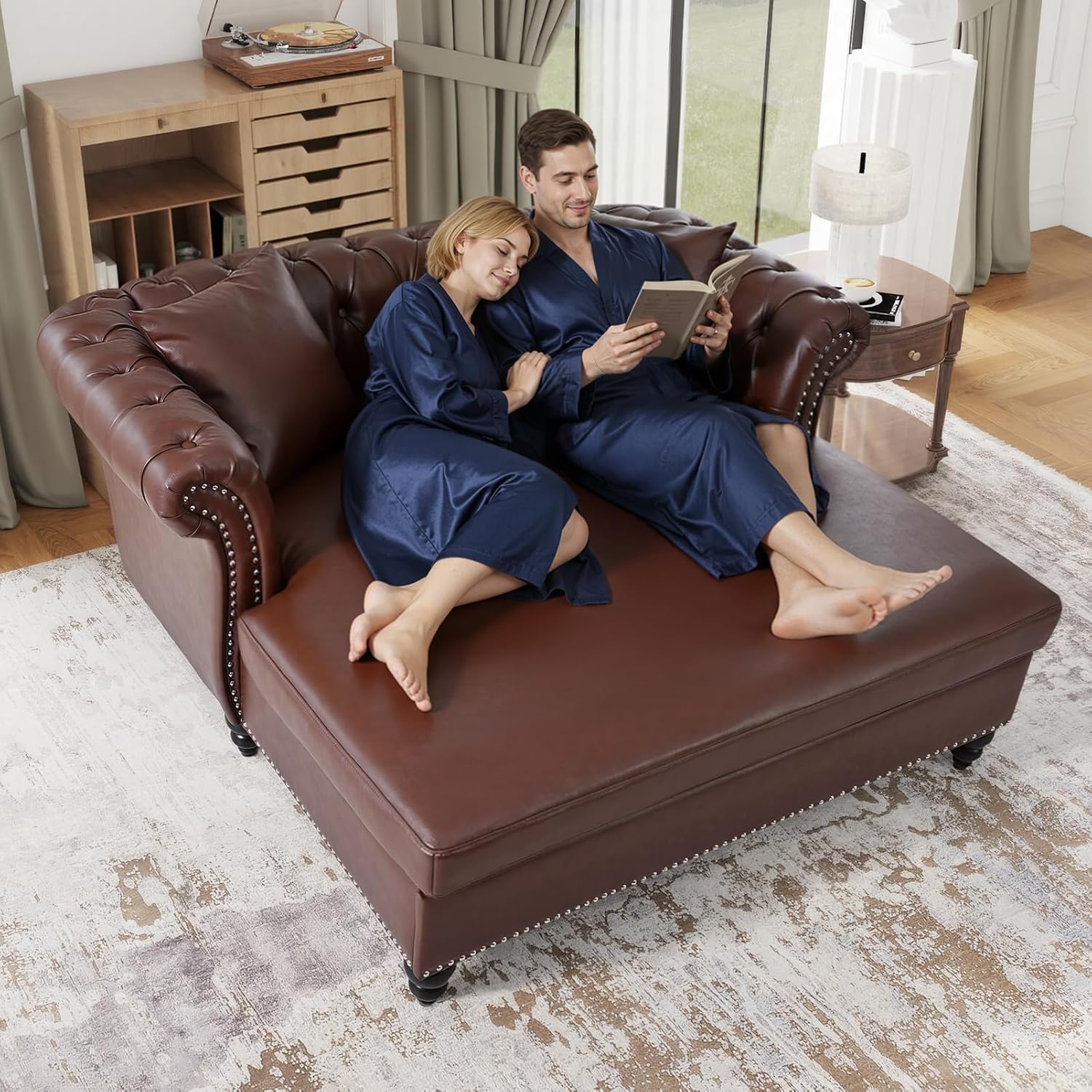 63' Oversized Chaise Lounge Comfy Reading Chair, Faux Leather Chesterfield Loveseat Sofa with Tufting Back & Rolled Arm with 2 Pillows, Comfy Couch for Indoor Relaxation, Living Room, Dark Brown