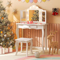 HONEY JOY Kids Vanity Set with Lighted Mirror, 2 in 1 Princess Toddler Dressing Table w/Tri-Fold Mirror & Drawer, Wooden Makeup Table & Chair Set, Pretend Play Vanity Set for Little Girls (White)