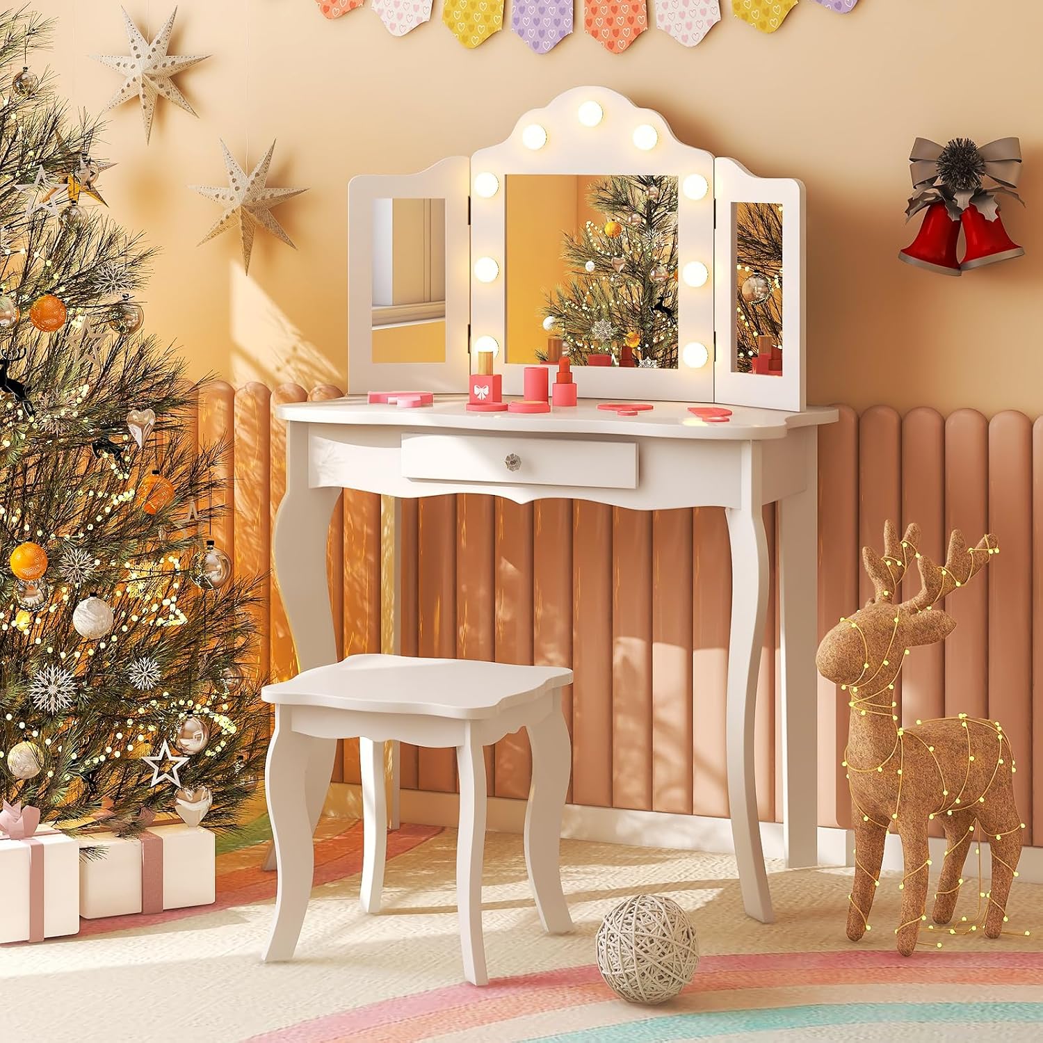 HONEY JOY Kids Vanity Set with Lighted Mirror, 2 in 1 Princess Toddler Dressing Table w/Tri-Fold Mirror & Drawer, Wooden Makeup Table & Chair Set, Pretend Play Vanity Set for Little Girls (White)