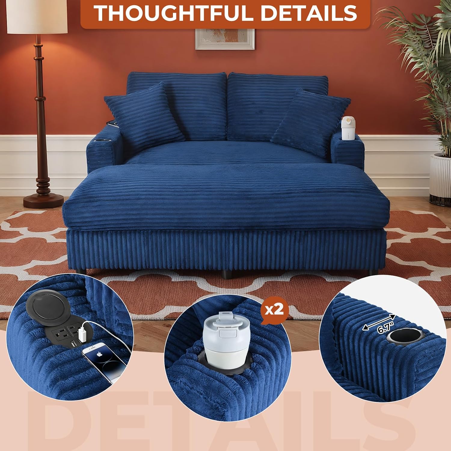 60' Oversized Chaise Lounge Chair Indoor, Upholstered Sofa Bed with Pillows & 2 Cup Holders, Sleeper Couch Comfy Corduroy Recliner Chair for Living Room, Movie Room, Bedroom, Blue