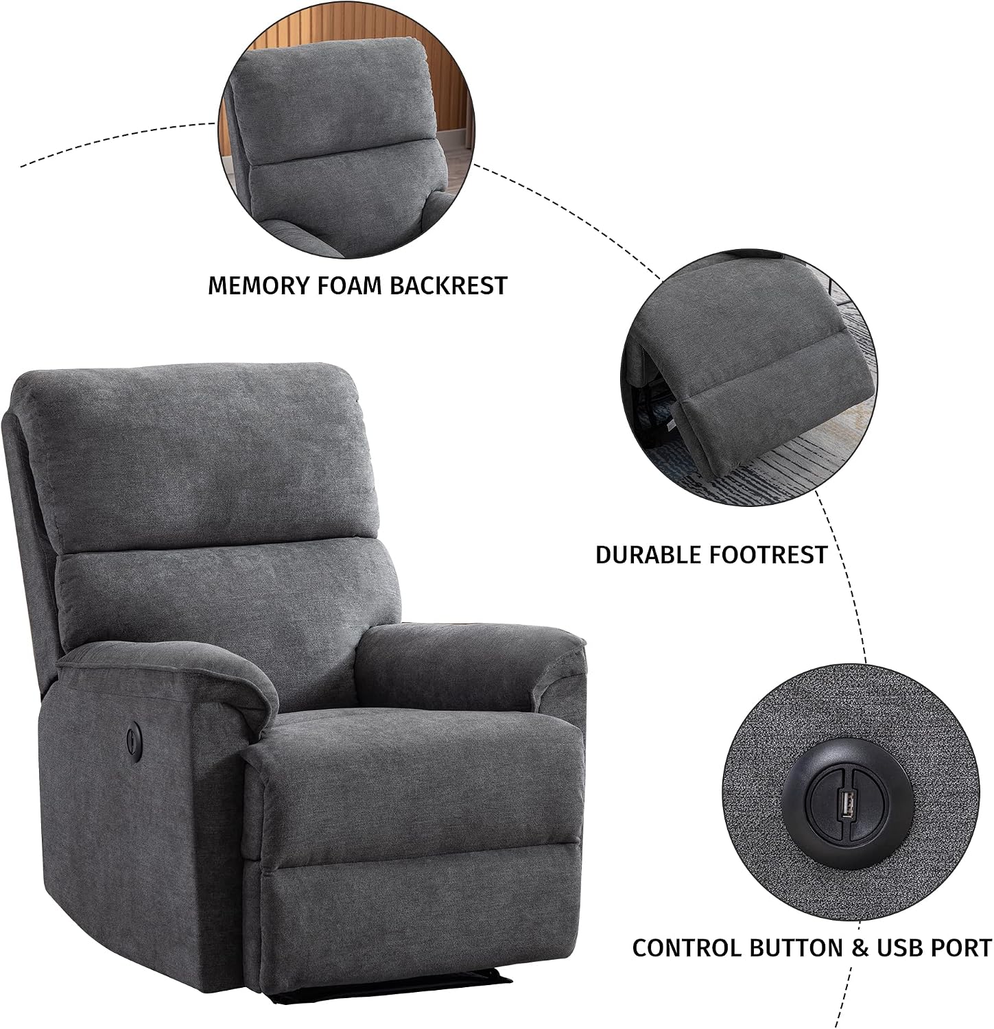 EBELLO Power Recliner Chair, Electric Recliner, Breathable Fabric Single Overstuffed Recliner Sofa Chair with USB Charge Port for Elderly Living Room, Bedroom, Gray, Power Gray