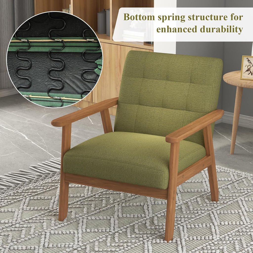 Westice Accent Chairs Set of 2, Mid-Century Living Room Chairs with Solid Wood Frame & Soft Thicken Cushion, Upholstered Arm Reading Chair for Bedroom, Balcony, Green Linen Fabric & Natural Legs