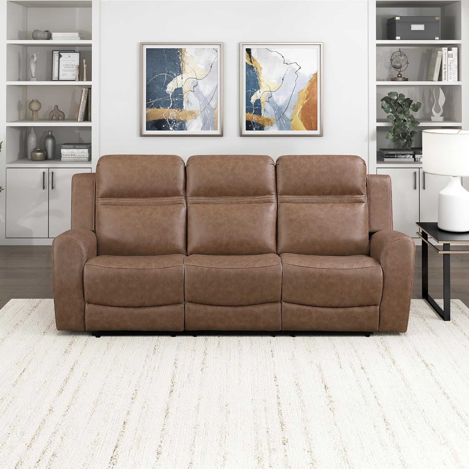 Lexicon 85' W Manual Double Reclining Sofa - Polished Microfiber Wall Hugger Manual 3 Seater Recliner Couch, Comfort Armrests, for Living Room, Home Theater, Easy Assembly, Brown