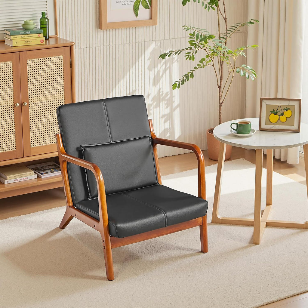 VECELO Mid-Century Modern Accent Chair with Faux Leather Cushion & Solid Wood Frame, Lounge Armchair for Living Room, Bedroom, Office, Black