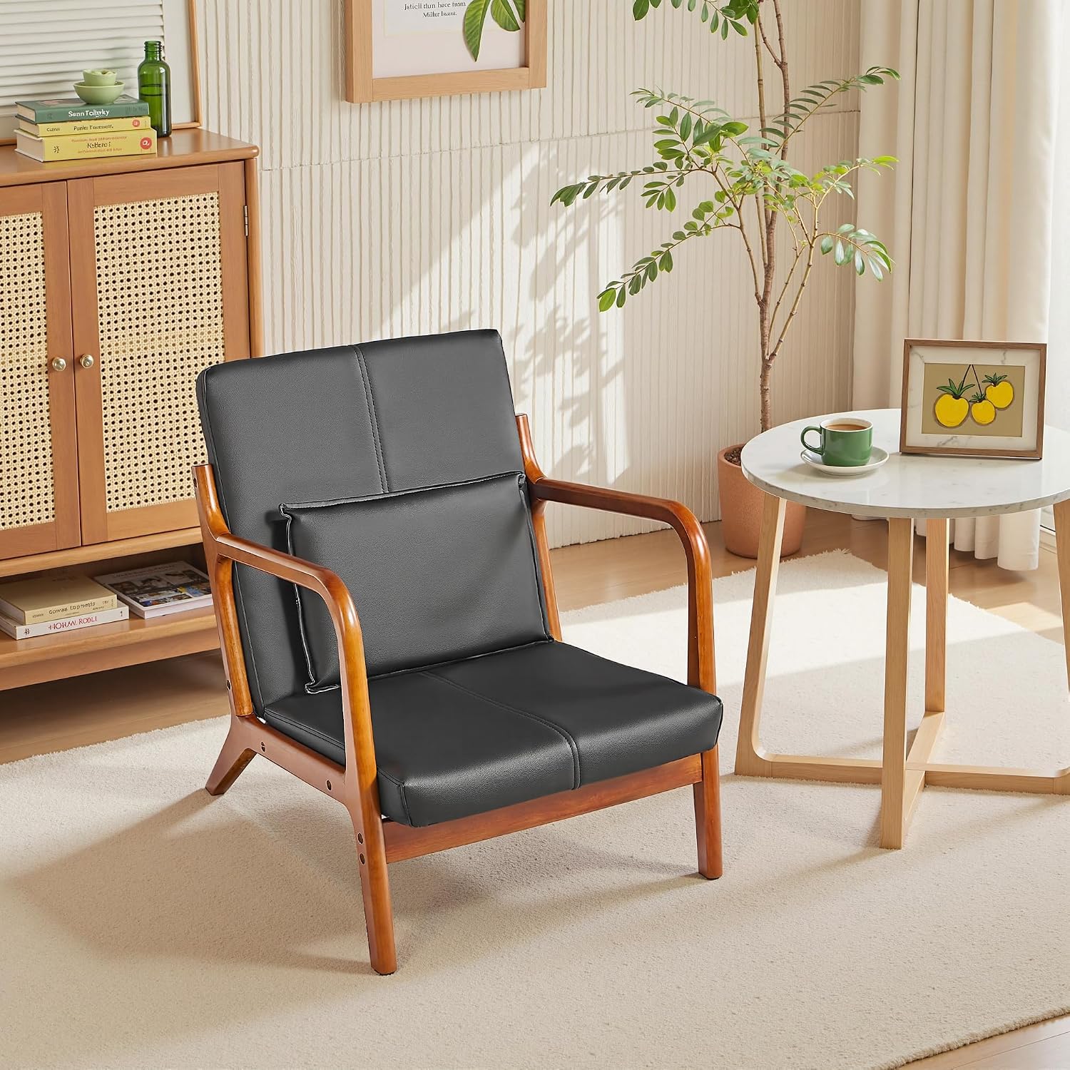 VECELO Mid-Century Modern Accent Chair with Faux Leather Cushion & Solid Wood Frame, Lounge Armchair for Living Room, Bedroom, Office, Black