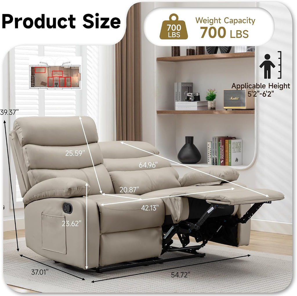 Reclining Loveseat Sofa, Anti-Scratch Leather Manual Loveseat Recliner with Side Pocket, Wall Hugger Loveseat Recliner for Living Room, RV, Home Theater(Beige)