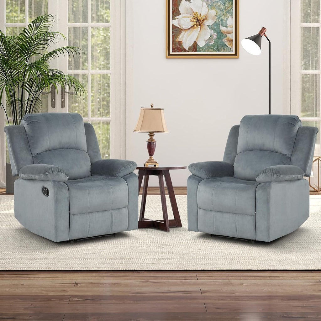 CANMOV Manual Recliner Chair Set of 2, Soft Fabric Overstuffed Recliner Single Sofa Chair for Living Room, Heavy Duty and Safety Reclining Mechanism (Grey)