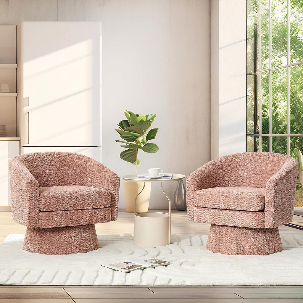 360° Swivel Barrel Accent Chair, Modern Chenille Upholstered Armchair with Curved Back, Soft Cushion & Arms, Wooden Frame, Storage Pocket, Comfy Reading Lounge Chair for Living Room, Bedroom, Office