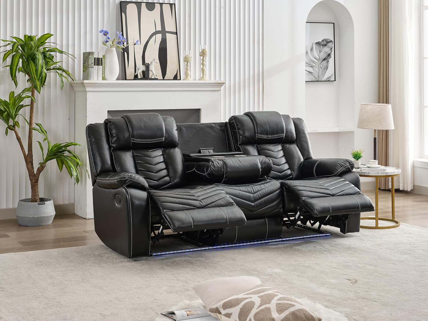 KEIKI 2-Piece Power Reclining Sofa Sets, Technical Leather Loveseat Sofa & 3 Seat Sofa, Living Room Furniture Set with Electric Recliners, Wireless Charger, Cup Holder, Storage Armrest, Black