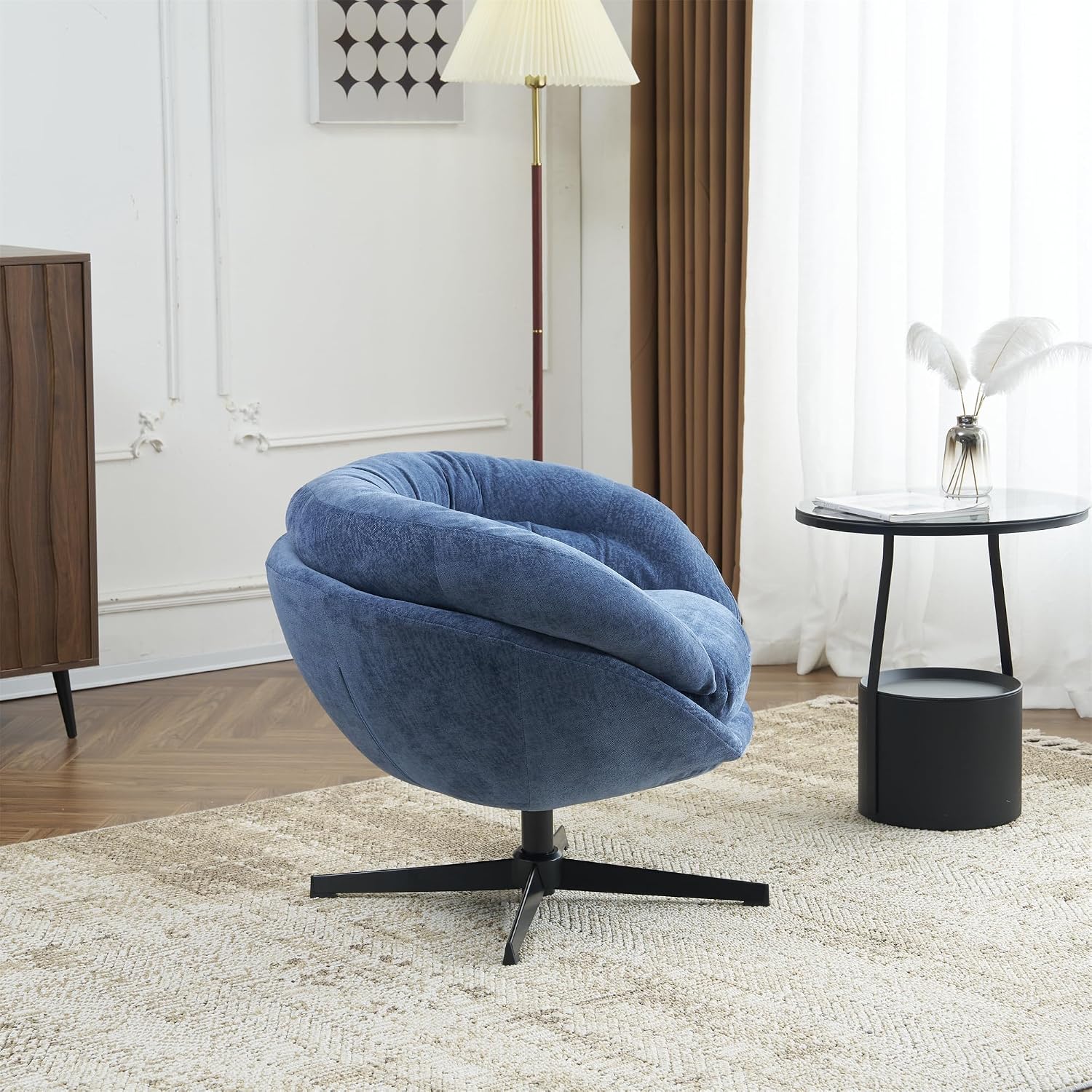 Christopher Knight Home 360° Swivel Club Chair,Chenille Upholstered Accent Chair with Removable Cushion, Round Office Chair with Black Metal Base,Navy Blue
